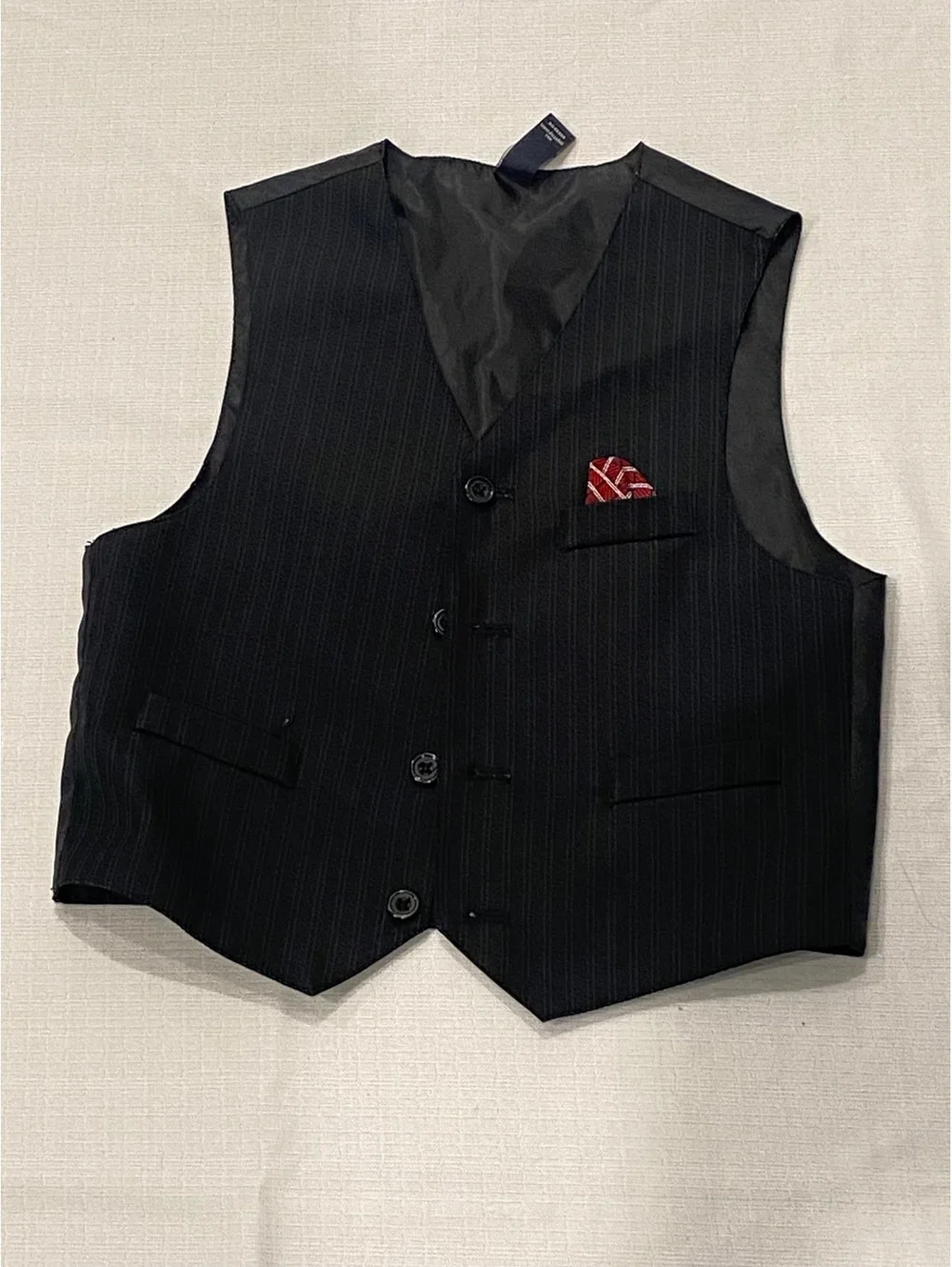 Class Club Black Pinstripe Formal Vest with Red Pocket Square